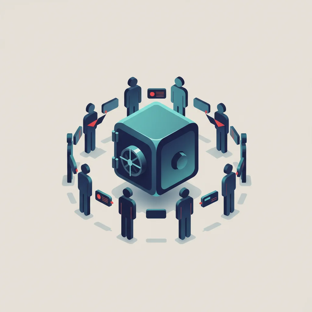 Minimalist editorial vector graphic depicting human nodes forming a defense network around a digital vault.