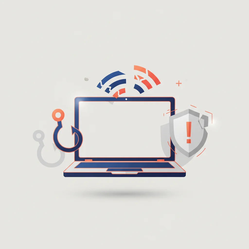 A conceptual digital illustration showing a lock icon being targeted by phishing lures and unmanaged wireless signals.