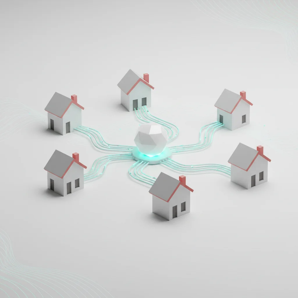 A conceptual illustration showing a central corporate core connecting to scattered remote home workstations over secure encrypted tunnels.