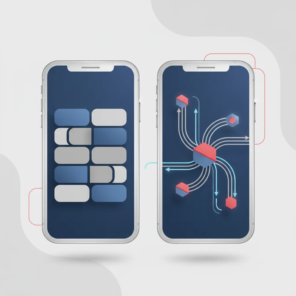 An abstract editorial graphic showing two distinct mobile phone frames side-by-side, one illustrating a highly restricted sandboxed architecture and the other showing a more flexible application ecosystem with network checks.