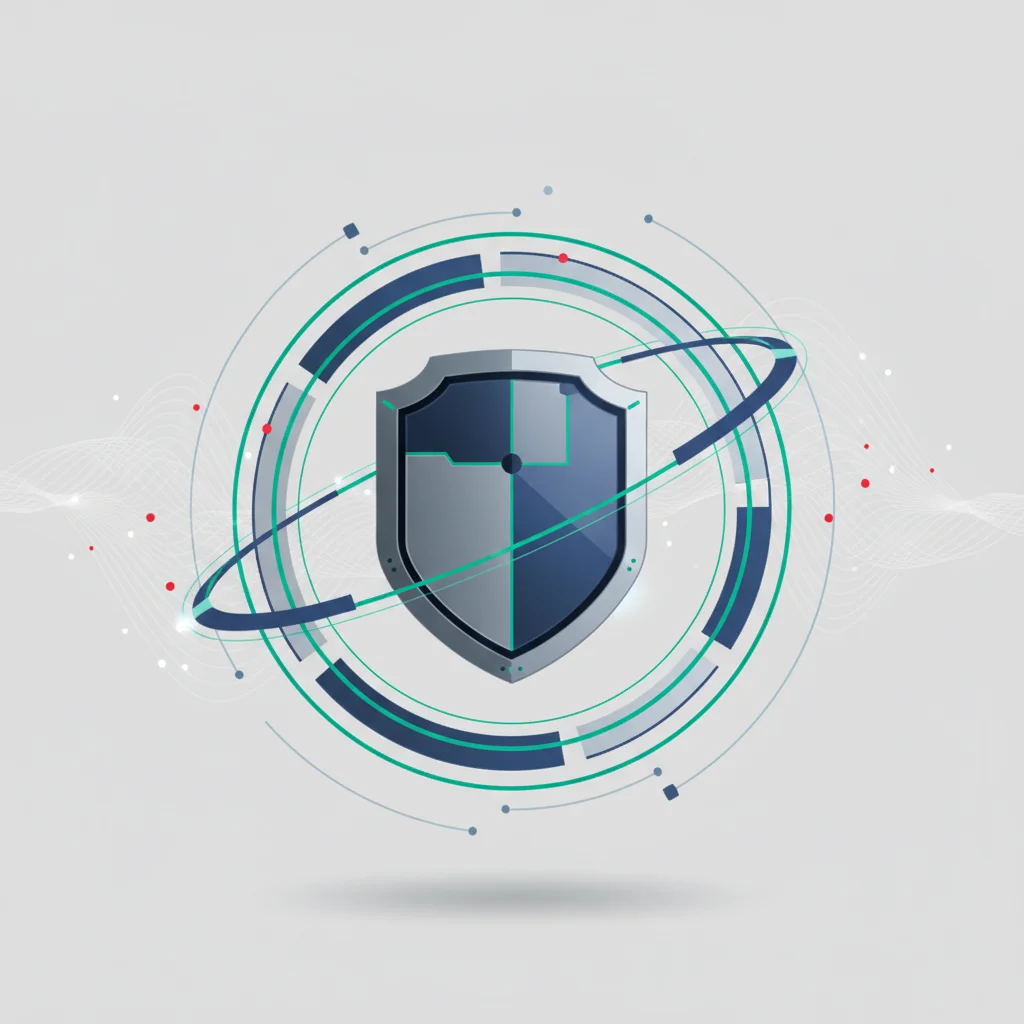An editorial vector-style illustration of a symbolic architectural shield with subtle gaps, surrounded by abstract network waves and secondary protective rings representing specialized security tools.