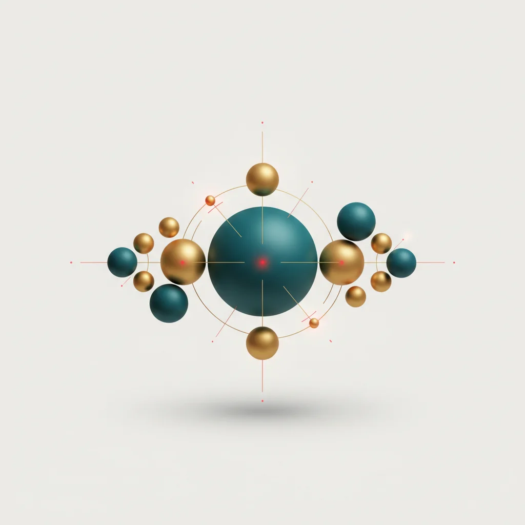 Abstract 3D editorial illustration of balanced structural weights and measures, corporate blue and warm gold tones