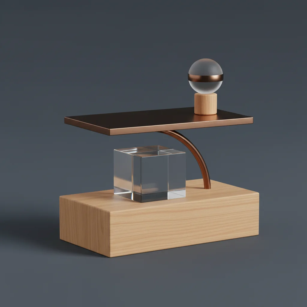 3D editorial illustration of structured geometric blocks balancing and shifting, clean corporate colors