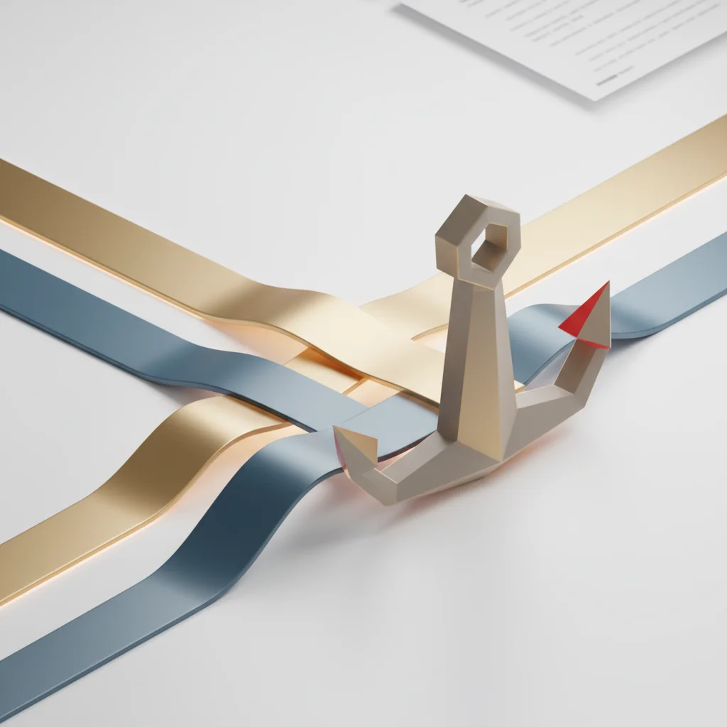 Minimalist 3D editorial illustration of structured glowing pathways resolving into a solid geometric anchor, corporate palette