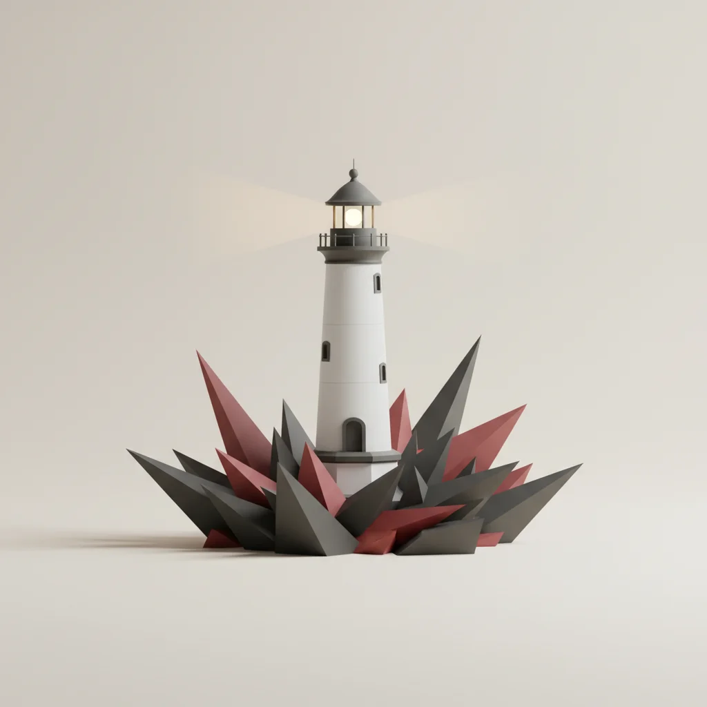 A conceptual illustration of a lighthouse beam guiding a vessel away from dark, jagged, abstract geometric obstacles.