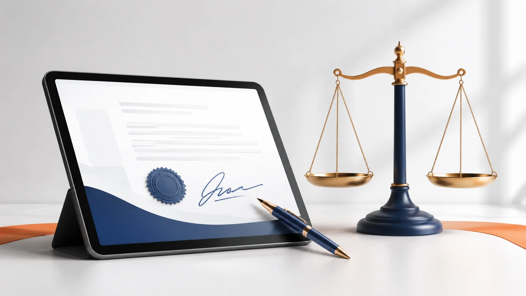 E-ticaret hukuku ve mesafeli satış sözleşmesi zorunluluğunu temsil eden modern bir adalet terazisi ve dijital tablet illüstrasyonu