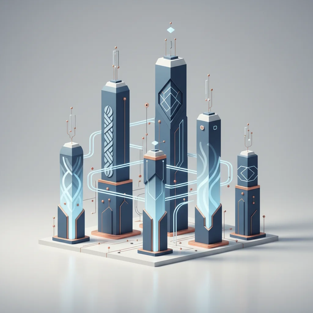 A stylized digital illustration showcasing symbols of various programming environments illuminated in a workspace