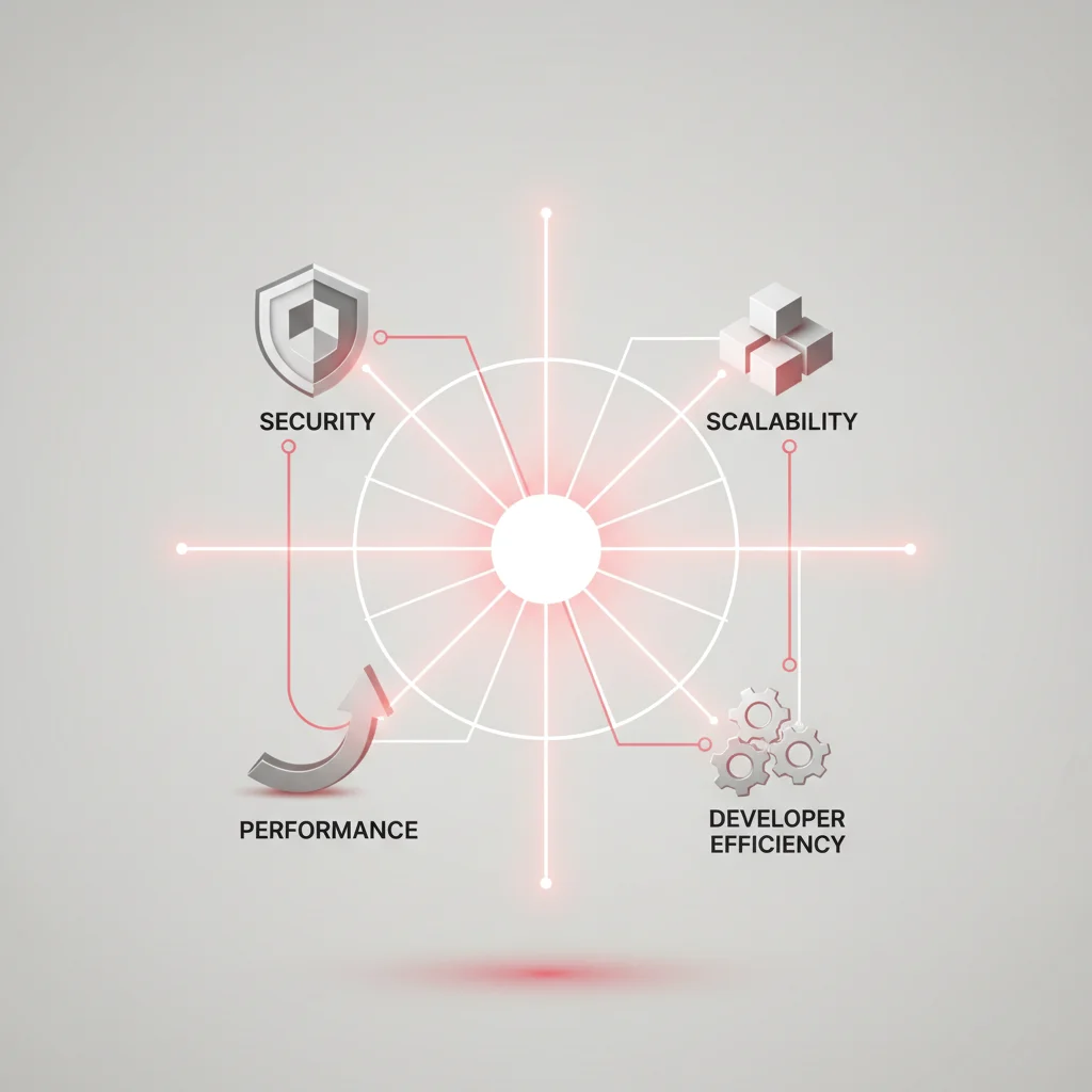 A visual representation of an enterprise technology decision matrix featuring nodes of security scalability and efficiency