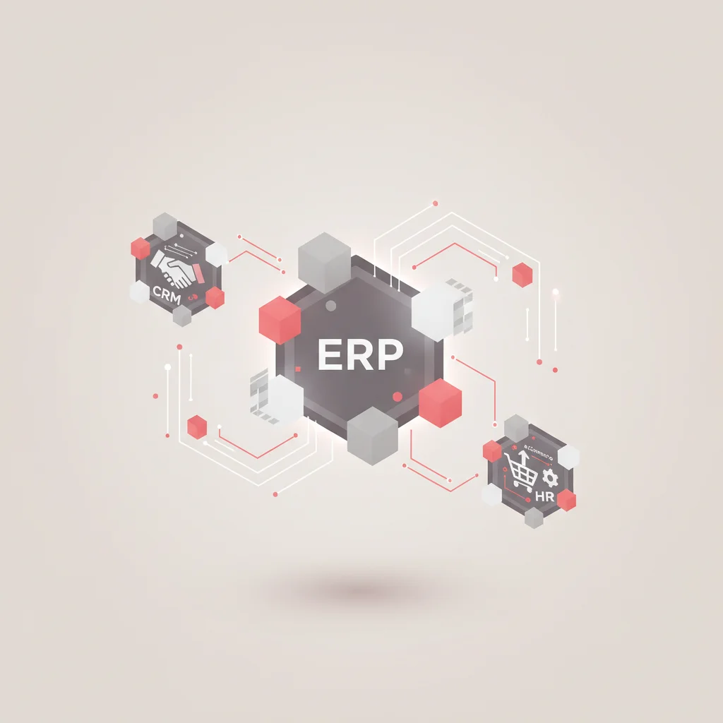 CRM, e-ticaret ve İK yazılımlarının ERP etrafında kümelendiği çoklu entegrasyon ekosistemi illüstrasyonu.