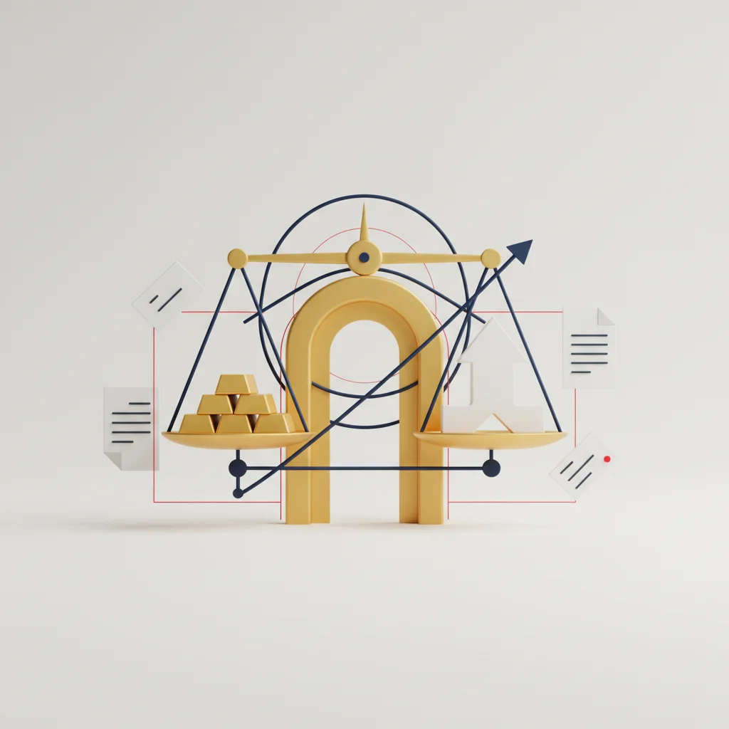 A symbolic editorial illustration showing a secure, balanced scale with structured data streams flowing into a central ledger system