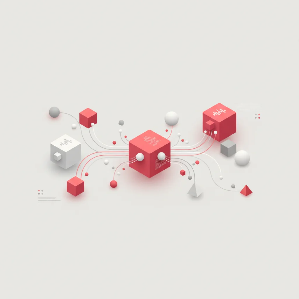 A symbolic editorial illustration depicting unified data nodes representing an integrated SaaS tool stack for startups, avoiding fragmented software silos
