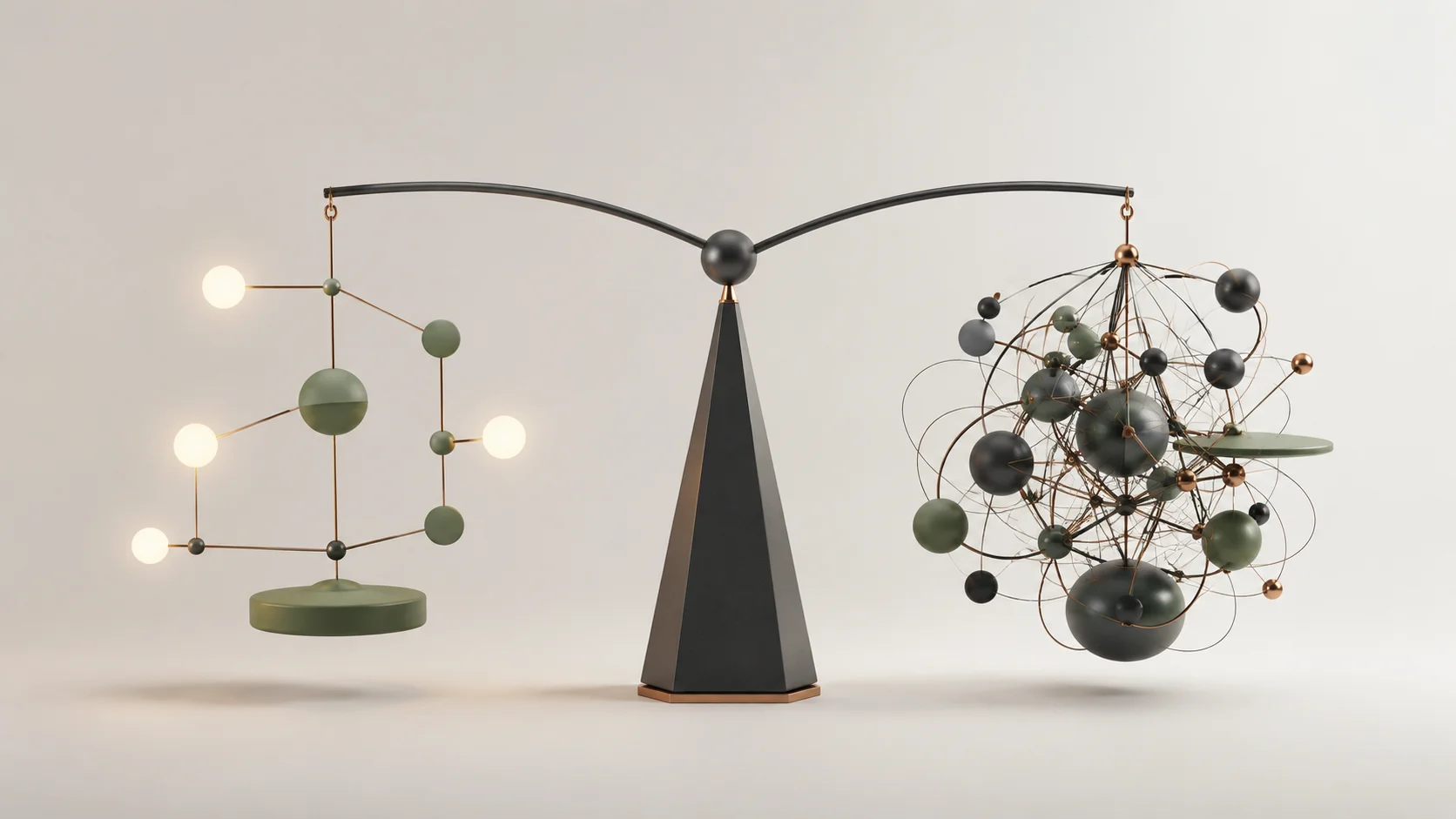 An artistic representation of a balanced scale or dual perspective showing structured flow on one side and potential resource complexity on the other