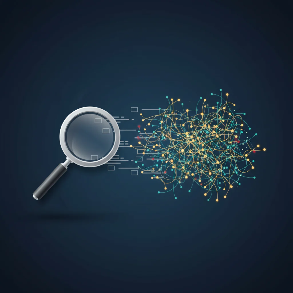 Symbolic art illustrating a traditional magnifying glass morphing into complex glowing neural pathways.