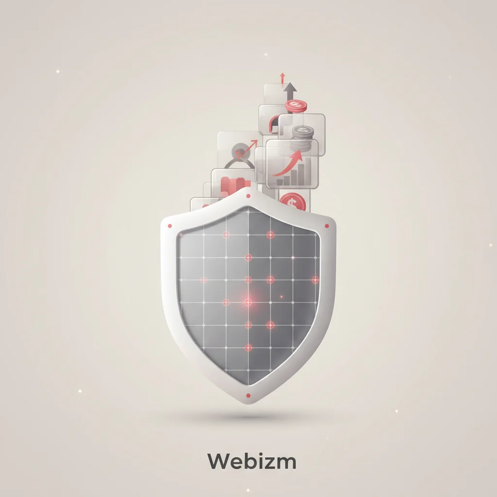 An editorial vector illustration of a shield with a stylized glowing grid lock pattern on its face, resting in front of an organized, upward-trending financial chart.