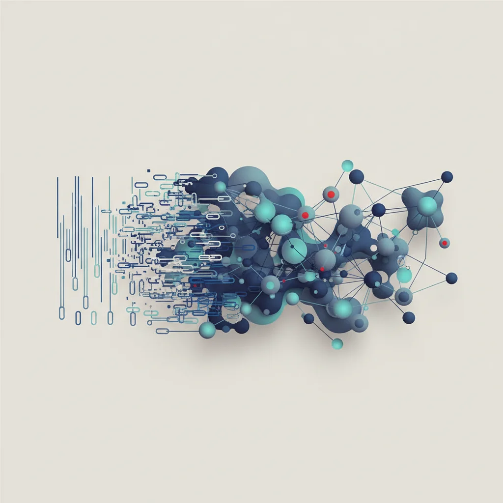 An abstract digital landscape showing a transition from ordered blue lines to synthesized, interconnected nodes of information.