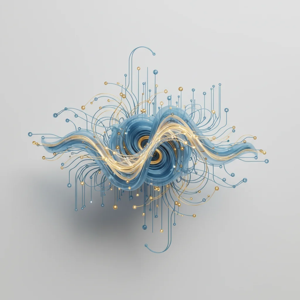 A symbolic visual depicting a modern data landscape with fluctuating geometric lines, representing shifting AI algorithmic bounds and technical guardrails.