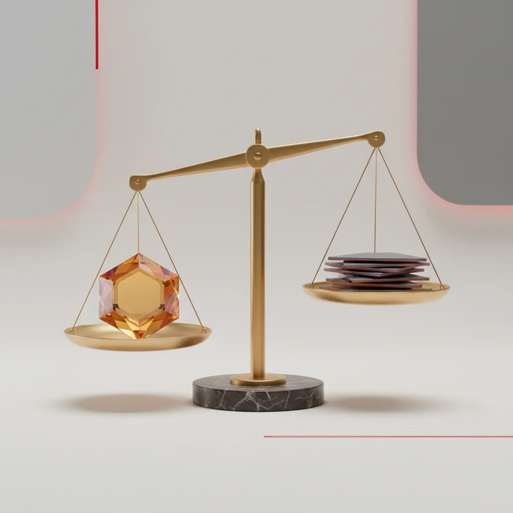 Minimalist corporate balancing scale showing product value outweighing operational platform fees