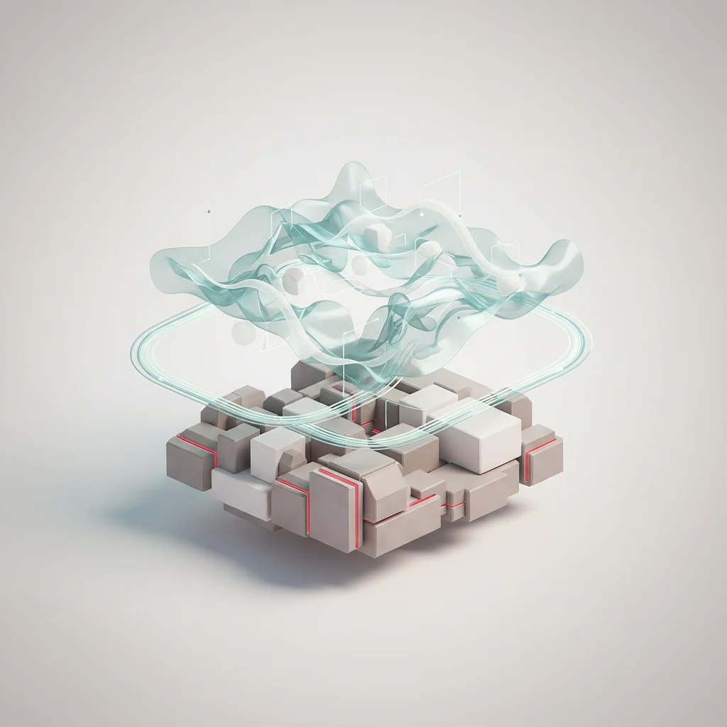 An abstract technological landscape depicting data flowing between physical structures and virtual projections
