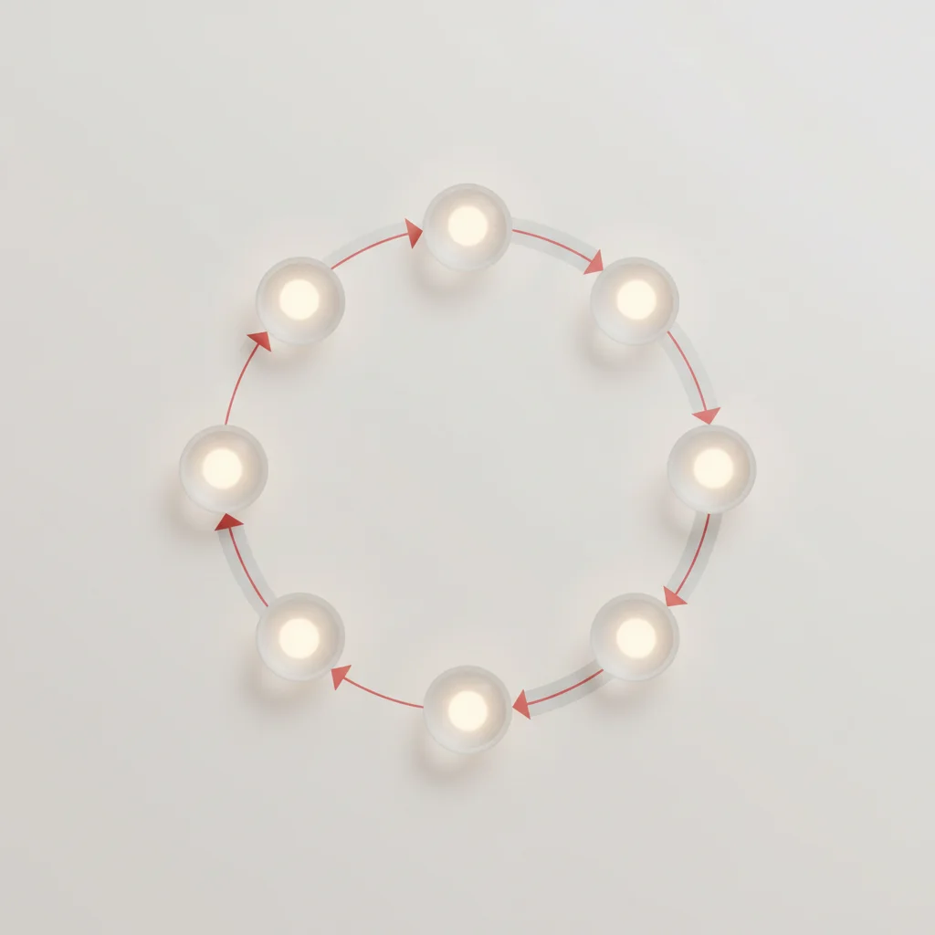 An elegant, circular flow of glowing nodes representing planning, development, setup, and execution