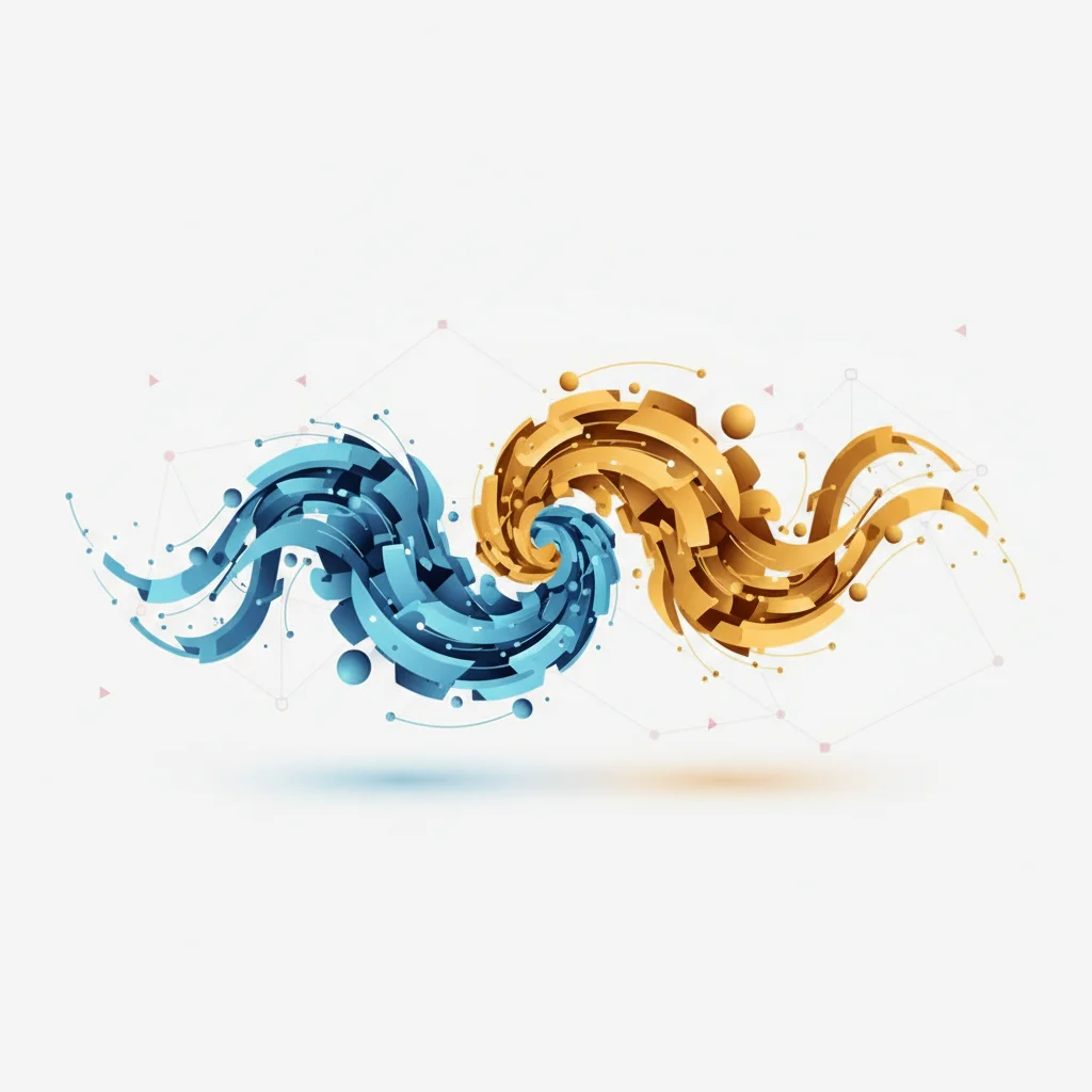 A symbolic editorial illustration showing two hands composed of abstract blue light and gold circuits meeting in a professional handshake.