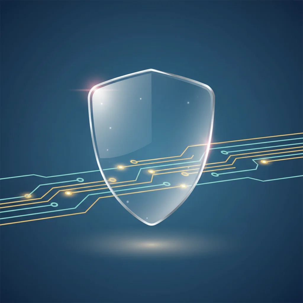 A symbolic editorial illustration showcasing a translucent shield pattern surrounding a network of glowing nodes, depicting proactive protection.
