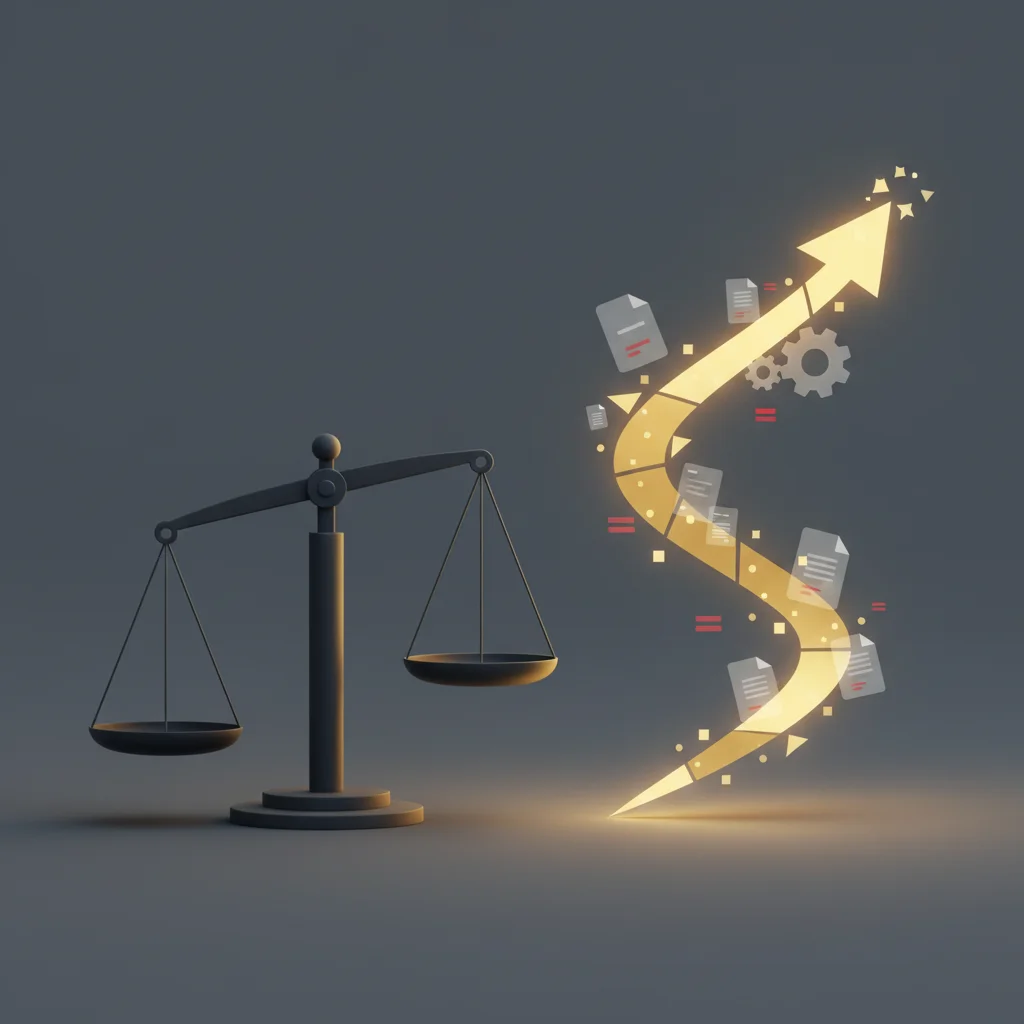 A symbolic editorial illustration showing a balance scale with weights on one side transitioning into bright, upward-trending arrows on the right.
