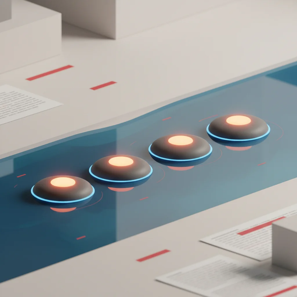 A symbolic editorial illustration showing step-by-step progress bars that light up sequentially, illustrating systematic optimization and quality control.