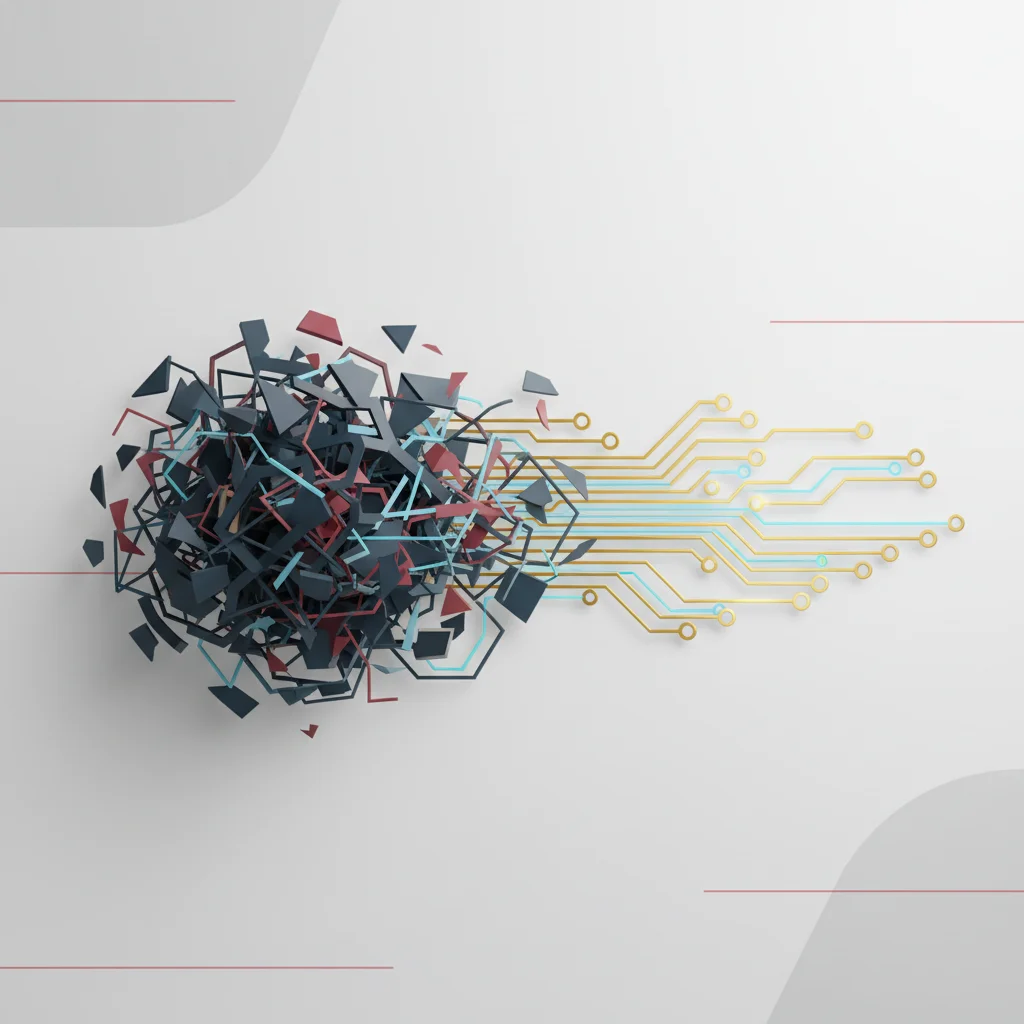 A symbolic editorial illustration showing a chaotic, unorganized pile of document shapes on the left side of the canvas converting into a structured, linear, and illuminated path of simple, organized boxes on the right side.