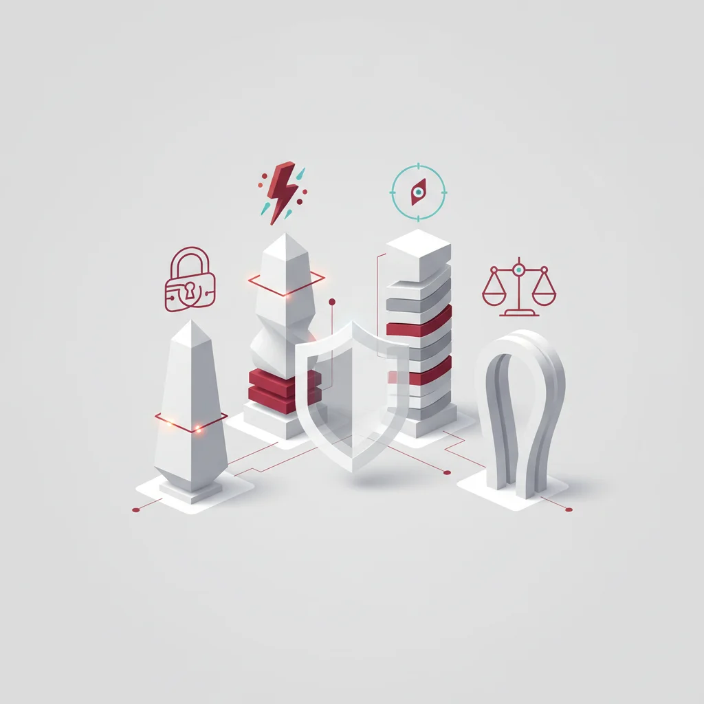 A symbolic editorial illustration featuring four pillars representing Security, Performance, Design, and Legal compliance holding up a digital app icon shield, 16:9 aspect ratio.
