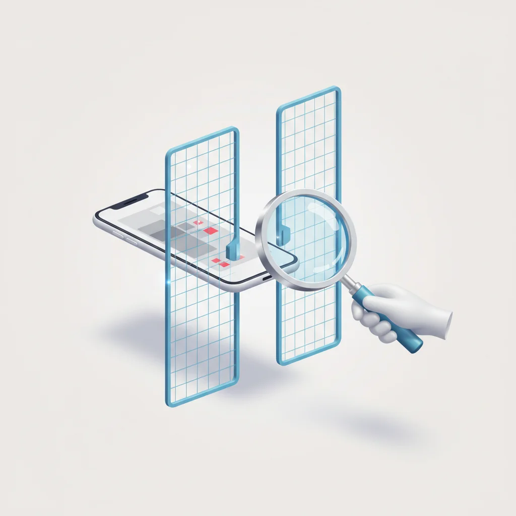 A symbolic editorial illustration showing a digital mobile application pipeline passing through an automated laser scanner and a manual magnifying glass inspection station, depicted in cool blue and enterprise gray tones, 16:9 aspect ratio.