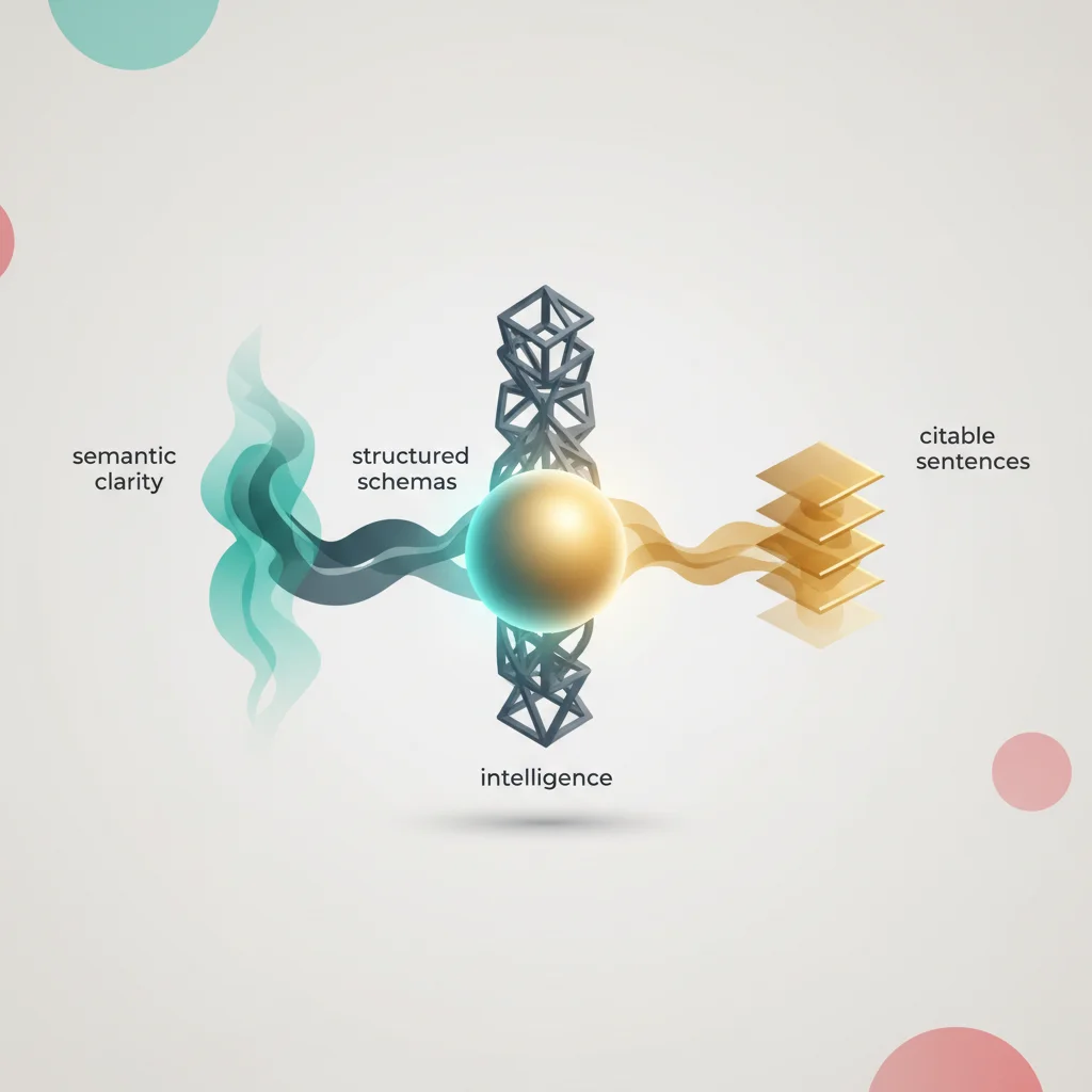 A conceptual technical illustration showing how a large language model parses semantic information, citable units, and structured data schemas.