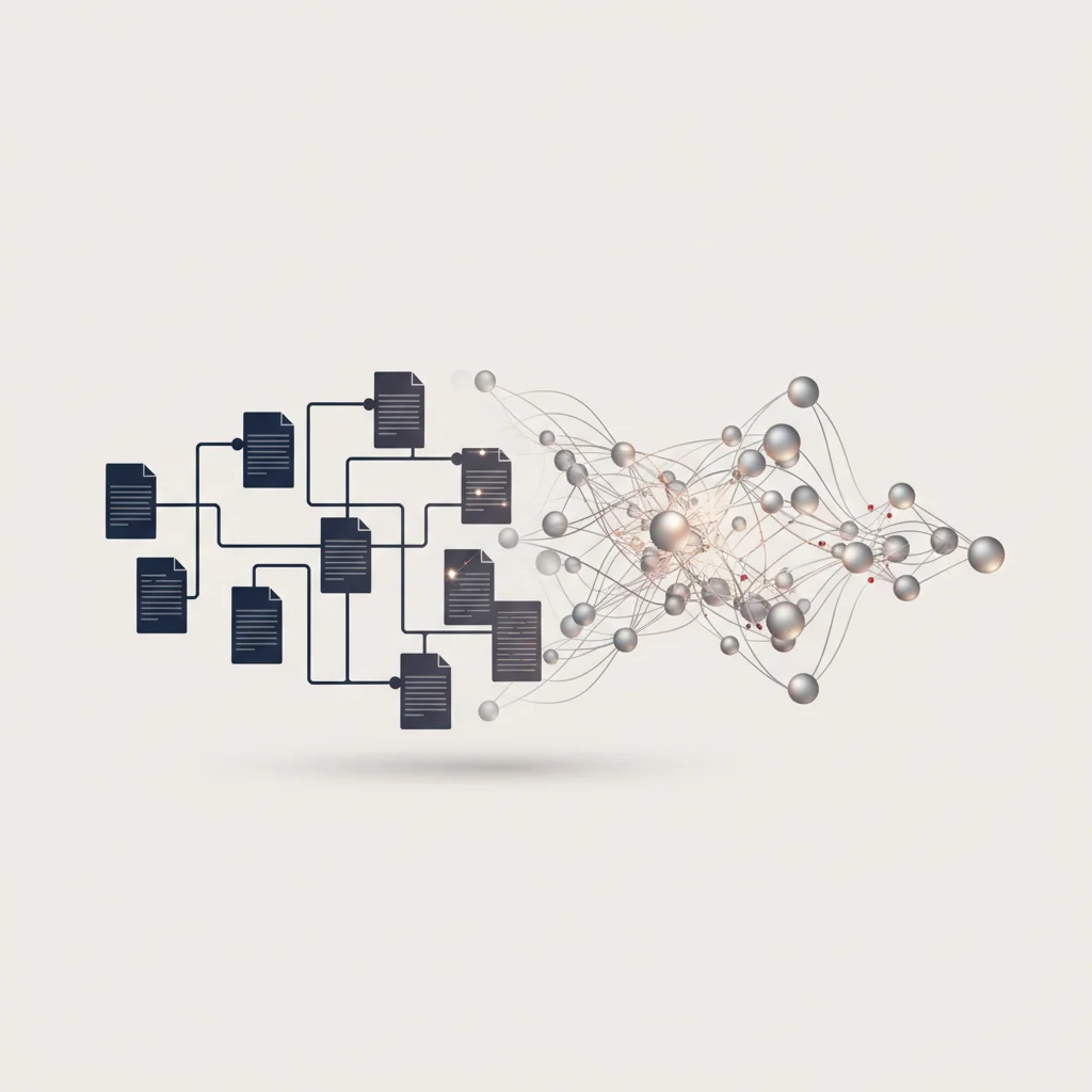 A professional corporate illustration displaying a symbolic shift from linear blue link results to a unified, interconnected semantic network.