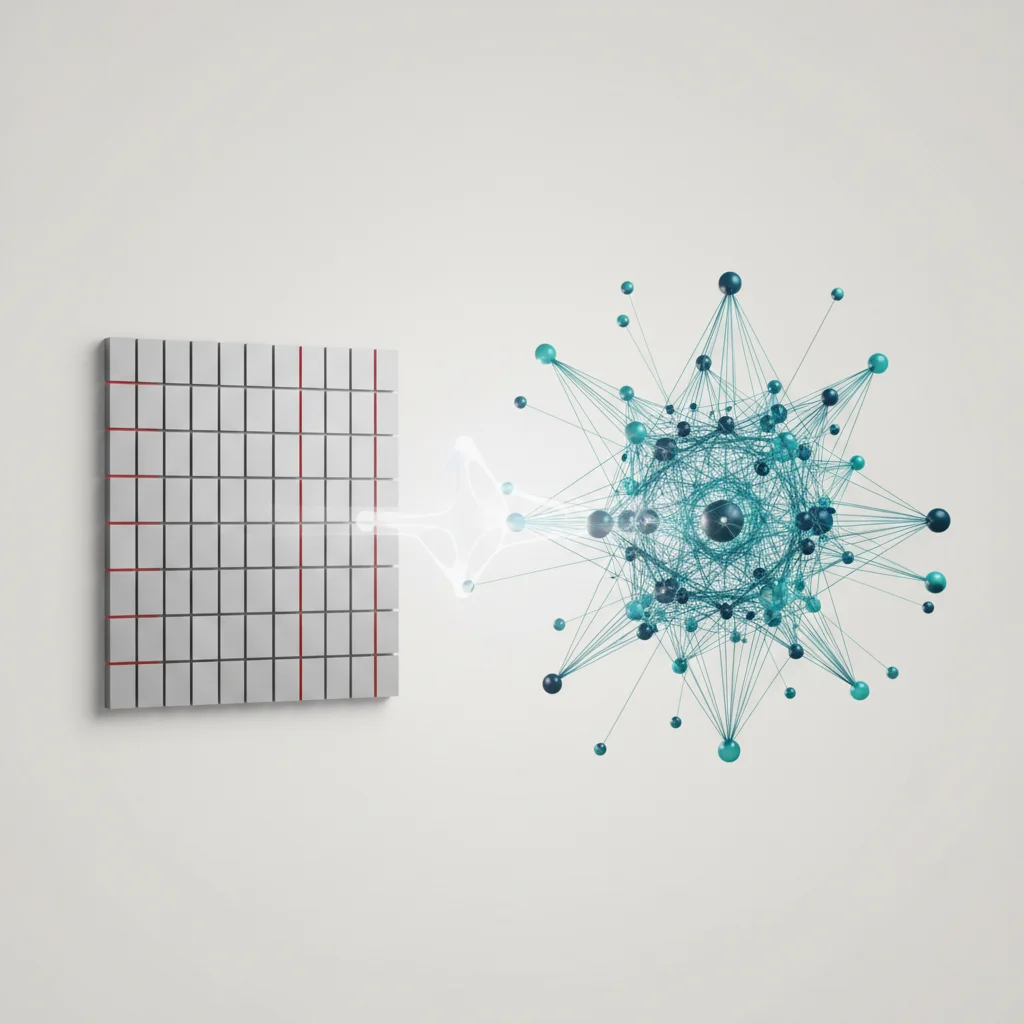 An editorial graphic showing two distinct database architectures: a flat linear index list and a 3D interconnected vector cluster, 16:9 aspect ratio.
