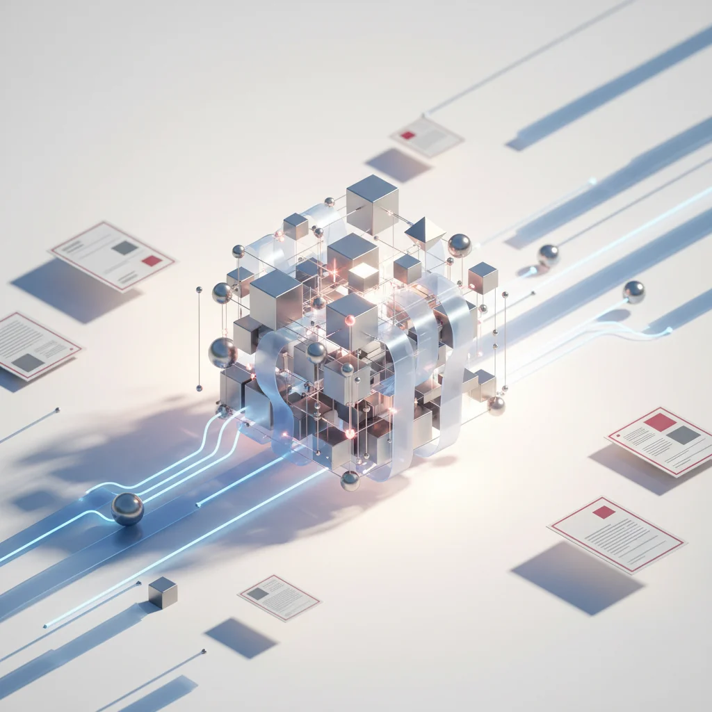 An abstract editorial illustration showing digital data packages transitioning into a structured neural node network, 16:9 aspect ratio.