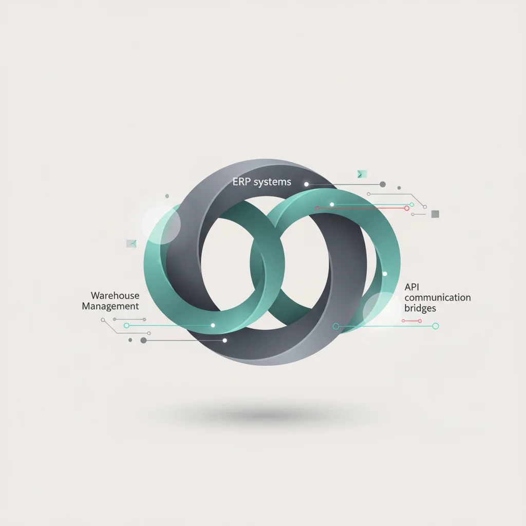 A stylized diagram showing the layers of enterprise software working alongside physical scanning hardware in harmony.