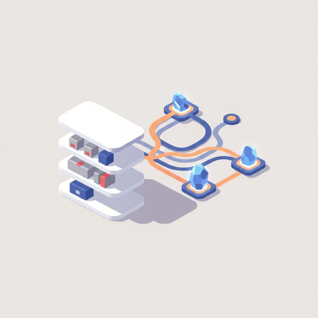 A clean, modern graphic illustration representing inventory synchronization across global physical warehouses and digital data networks.