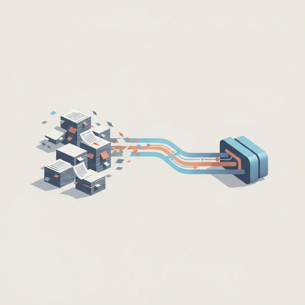 A professional graphic showing streamlined digital data pipelines replacing manual paper folders.