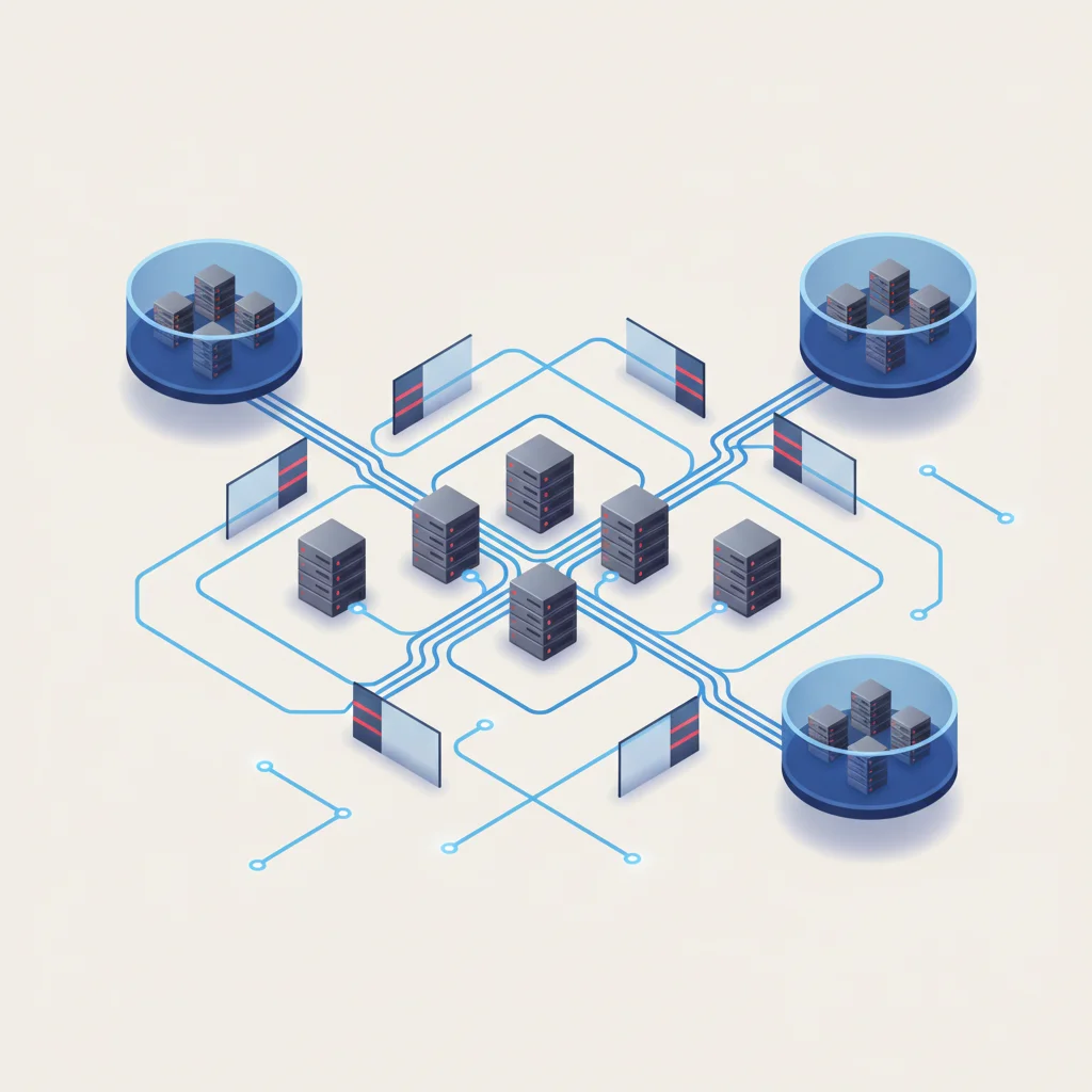 A precise, technical representation of secure systems architecture showing layered network defenses, operating system nodes, and firewall segmentations.