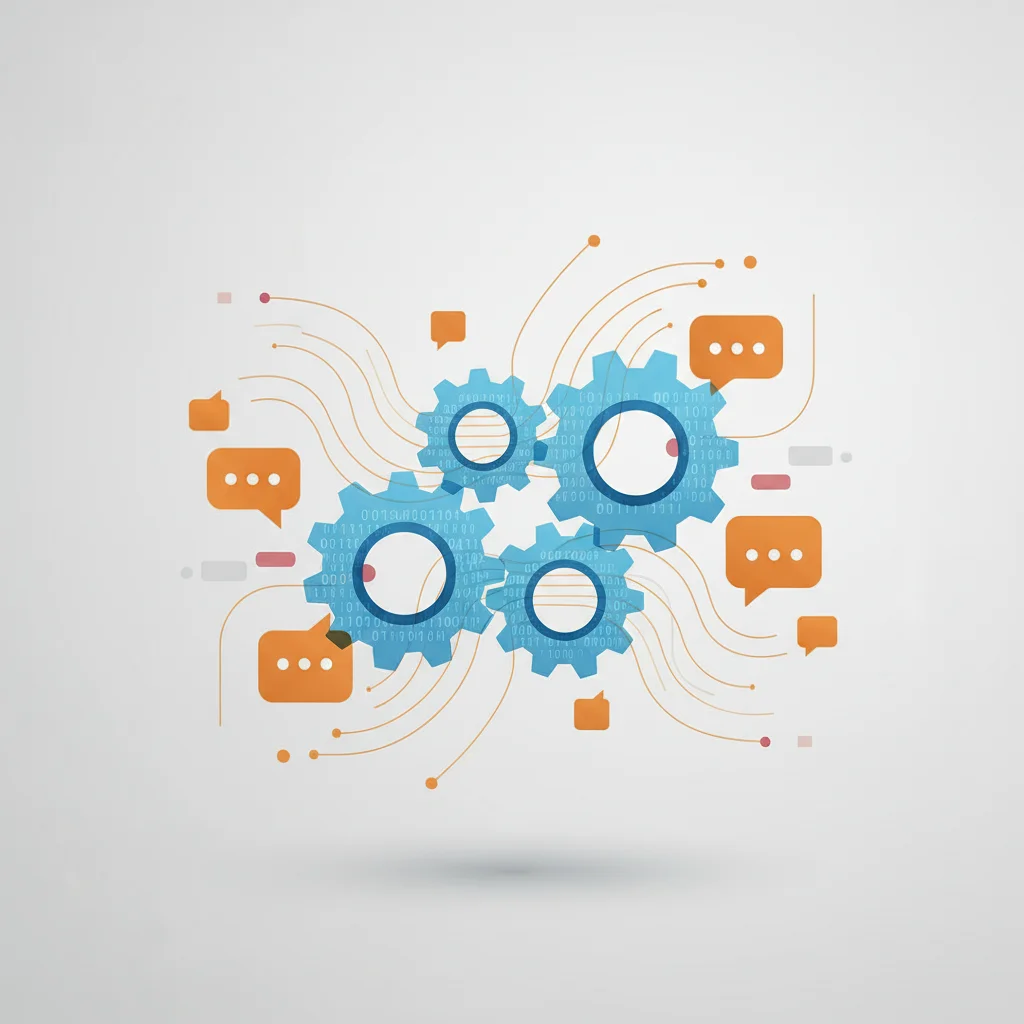 A symbolic visual depicting overlapping gears representing coding logic and speech bubbles representing client consultation