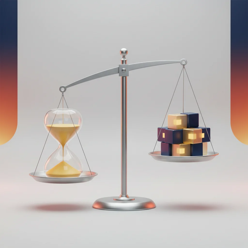 An editorial illustration showing a scale balancing a modern hourglass with high-value digital asset cubes