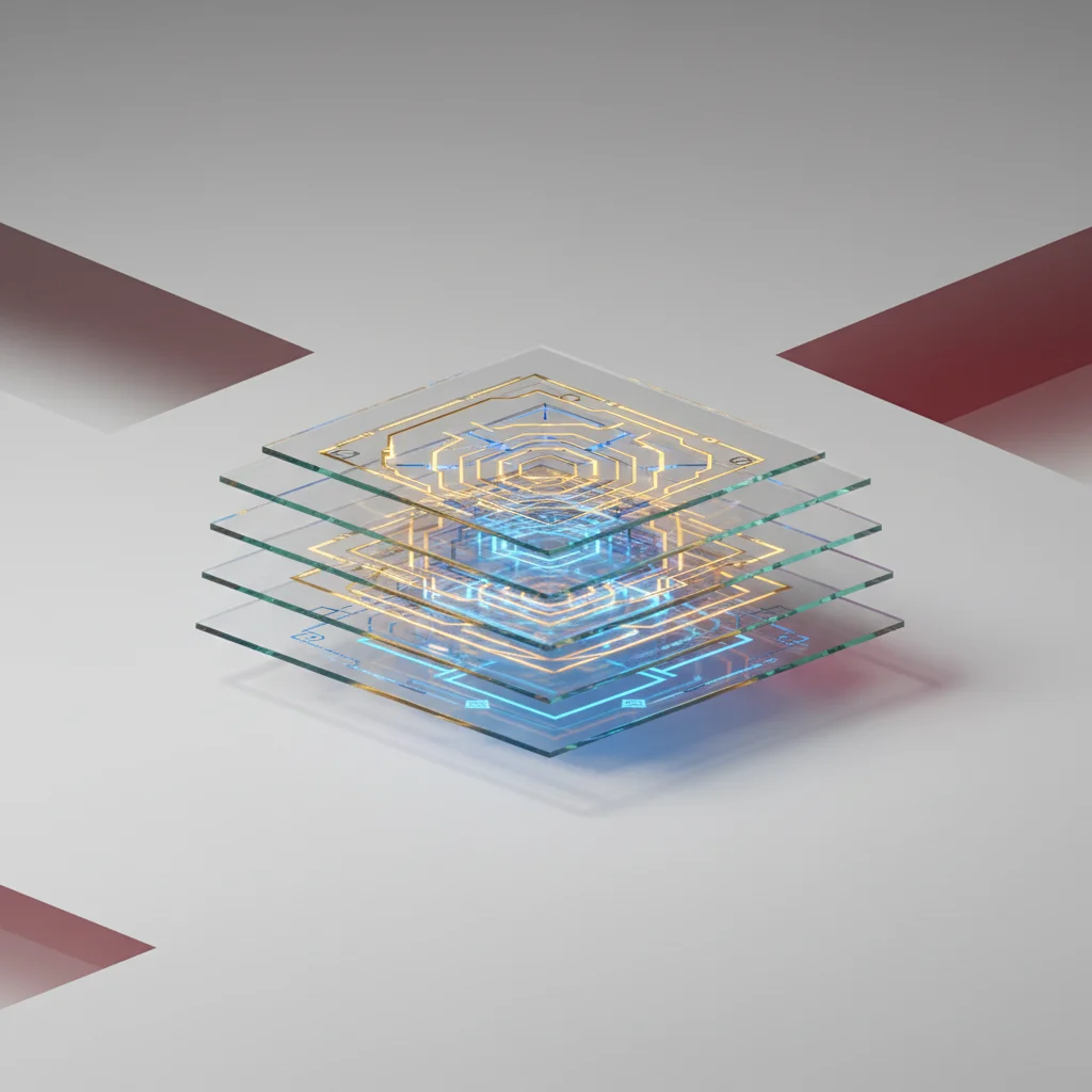 Minimalist 3D render of layered, semi-transparent security plates stacked vertically, each displaying subtle grid patterns