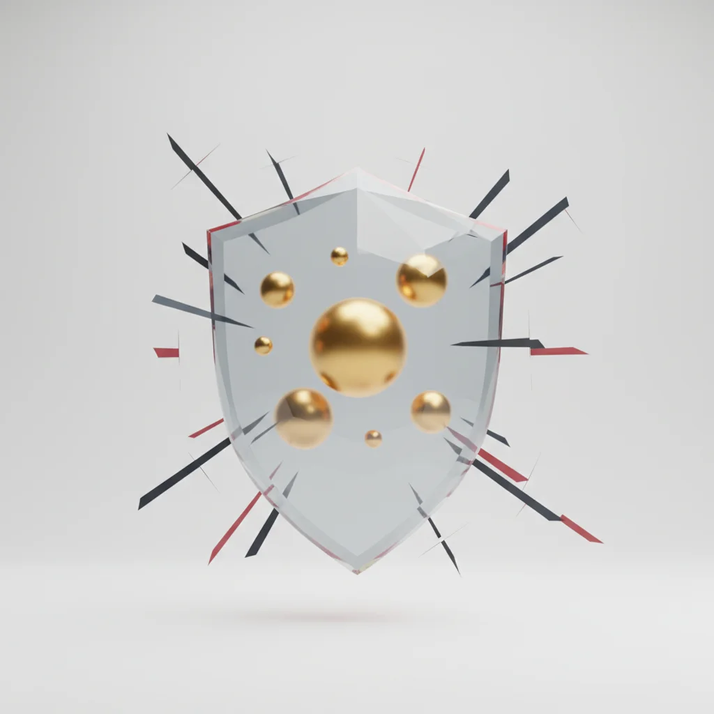 Minimalist 3D render of a luminous shield protecting a network of digital data nodes against sharp abstract dark vectors
