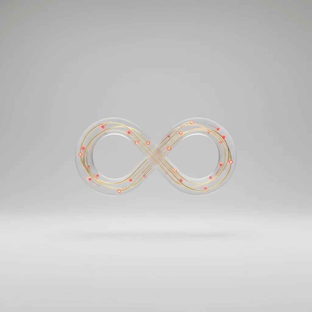 Minimalist infinite loop graphic glowing with technical data indices and modern interface elements
