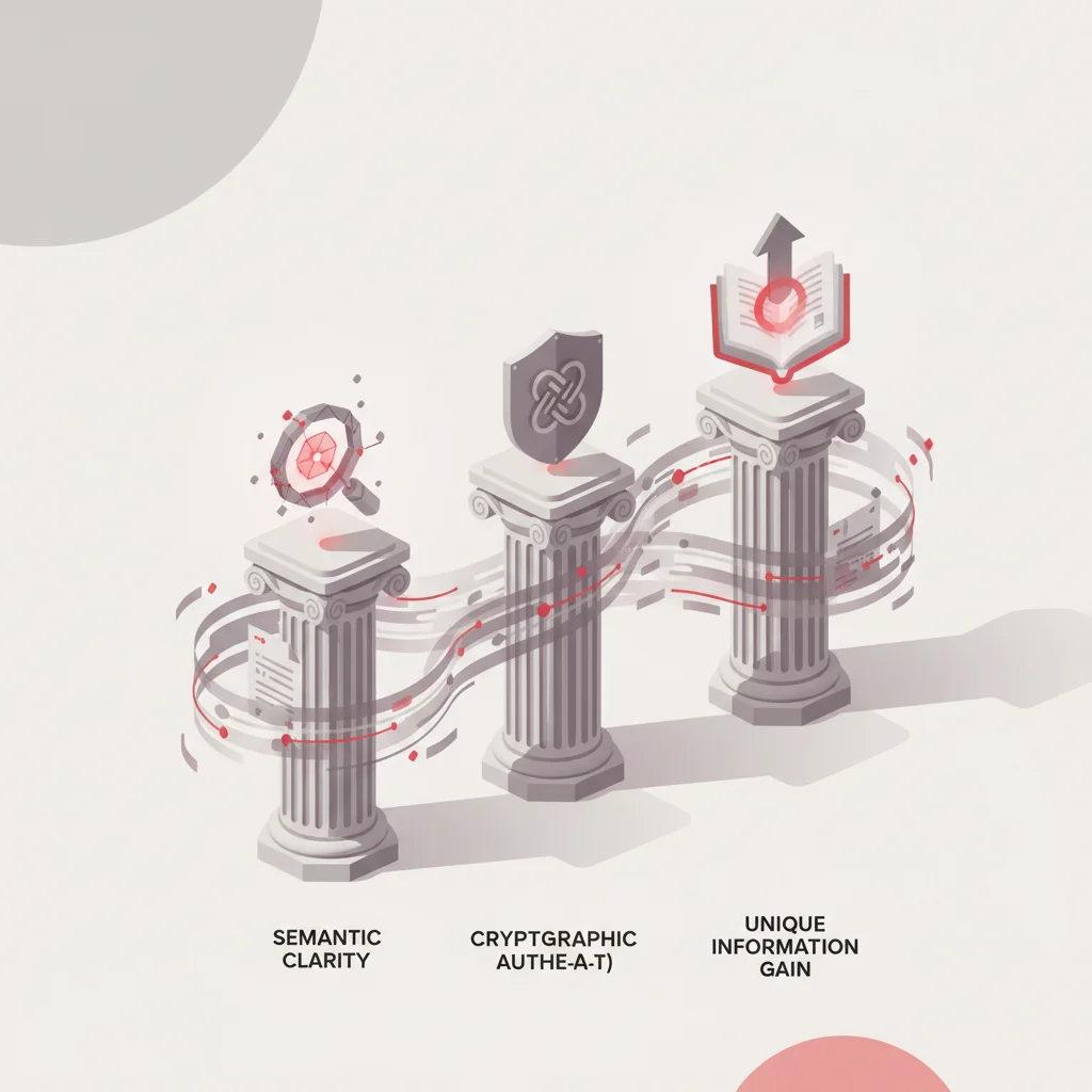 An editorial illustration showing three interconnected pillars of digital authority, semantic context, and unique data enrichment.