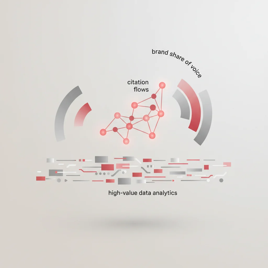 An editorial illustration showing a dashboard tracking AI citation volume, entity shares, and referral traffic quality from generative systems.