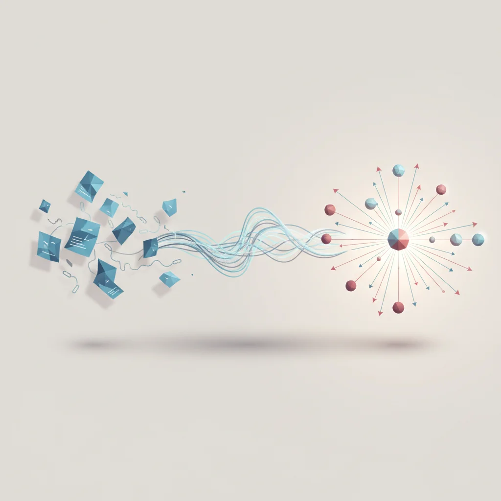 A symbolic editorial illustration in 16:9 ratio showing the transition from traditional web indexes to highly organized semantic data nodes and AI citations.