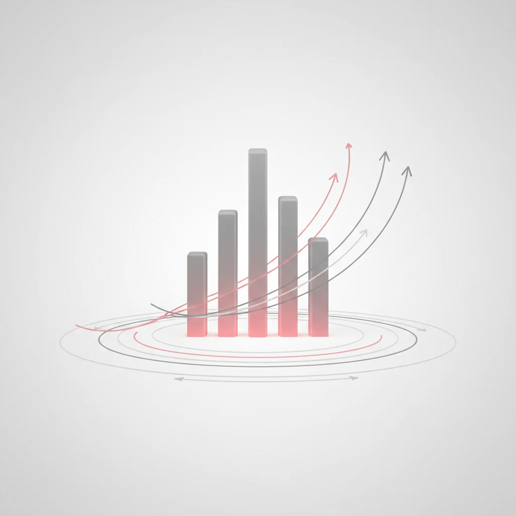 An abstract concept of data visualization, featuring glowing vertical metric pillars, circular progress lines, and golden trajectory curves.