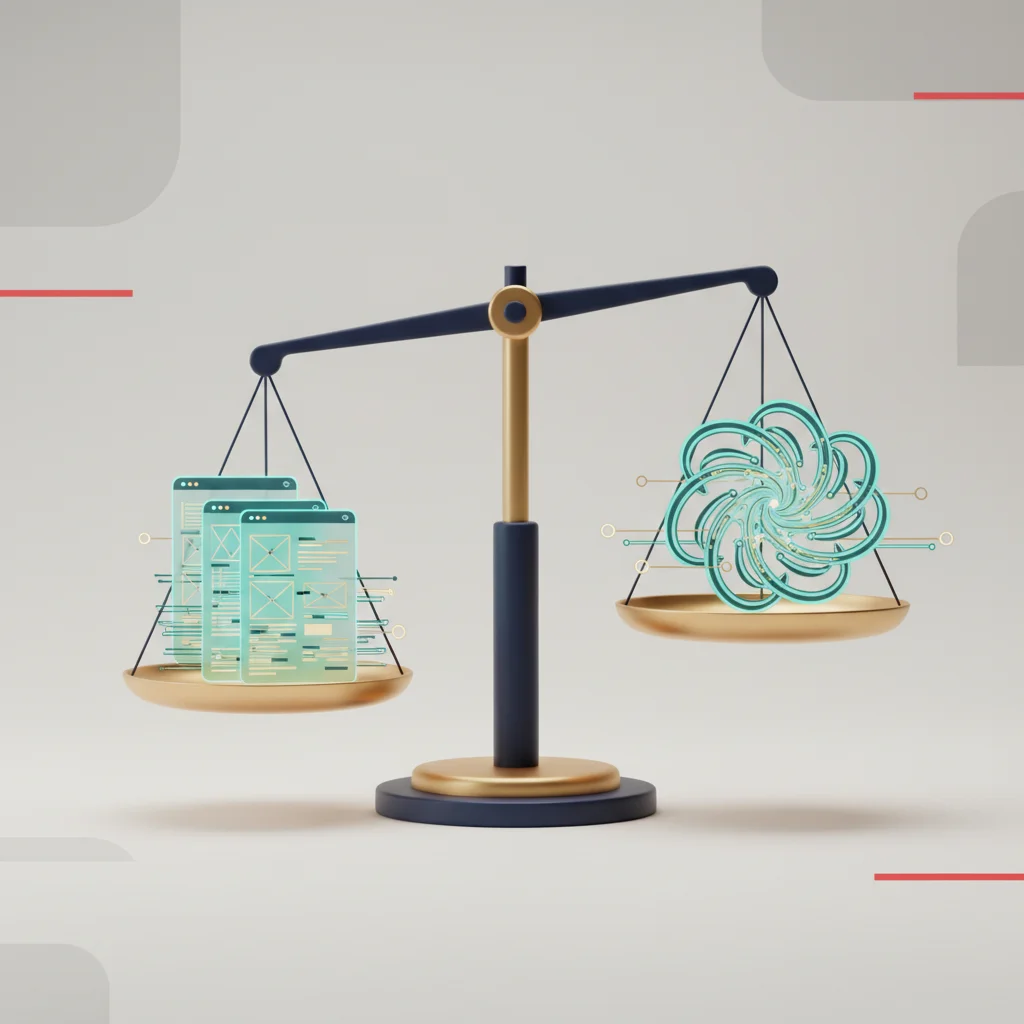 An editorial illustration showing a balanced scale with digital app interface elements on one side and continuous cyclical loops on the other, representing subscription value.