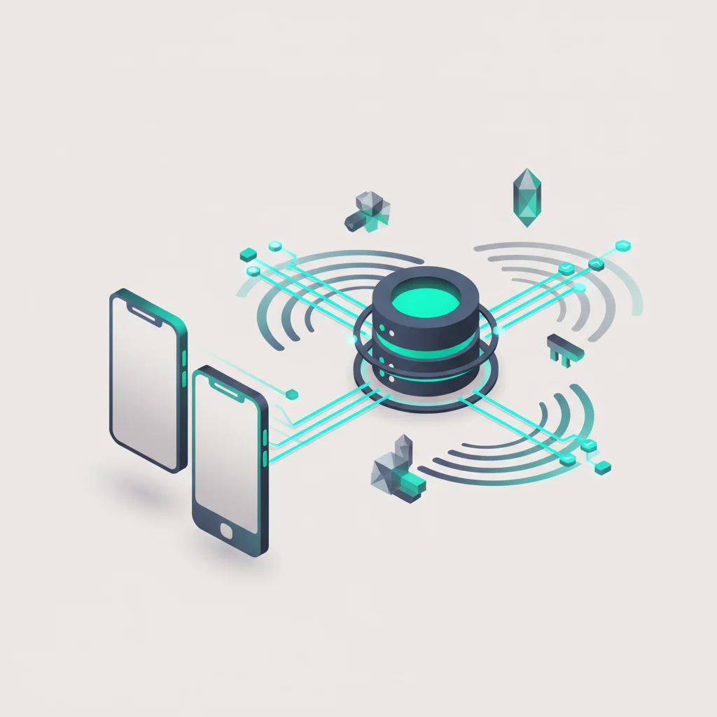 A technical architectural illustration of mobile devices communicating with cloud servers, showing data packets, sync loops, and lock/unlock access patterns.