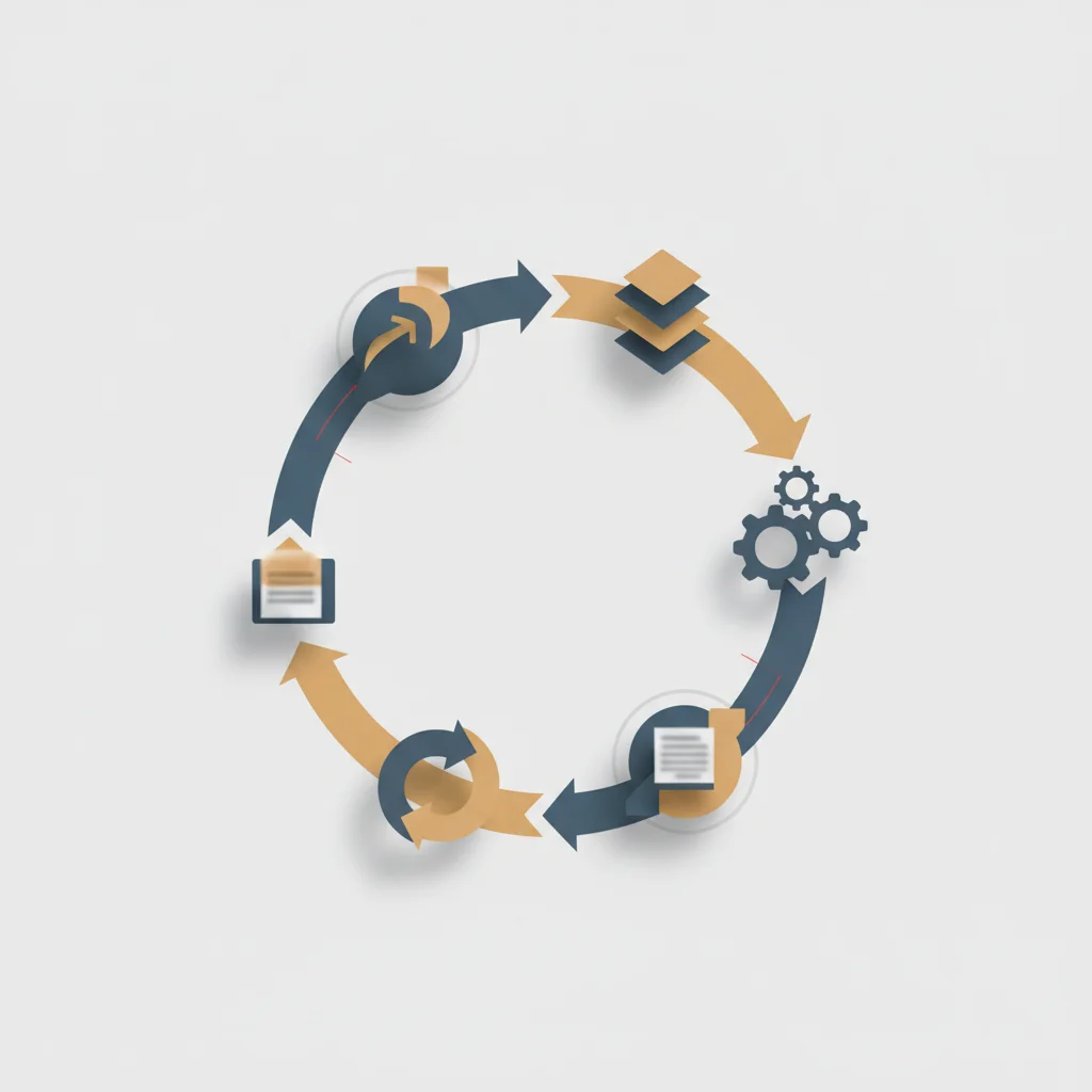 An abstract circular loop representing continuous system updates, feedback cycles, and system health dials.